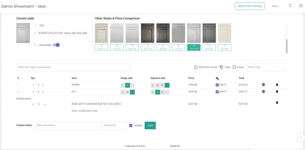 kitchen cabinet order tracking and pricing