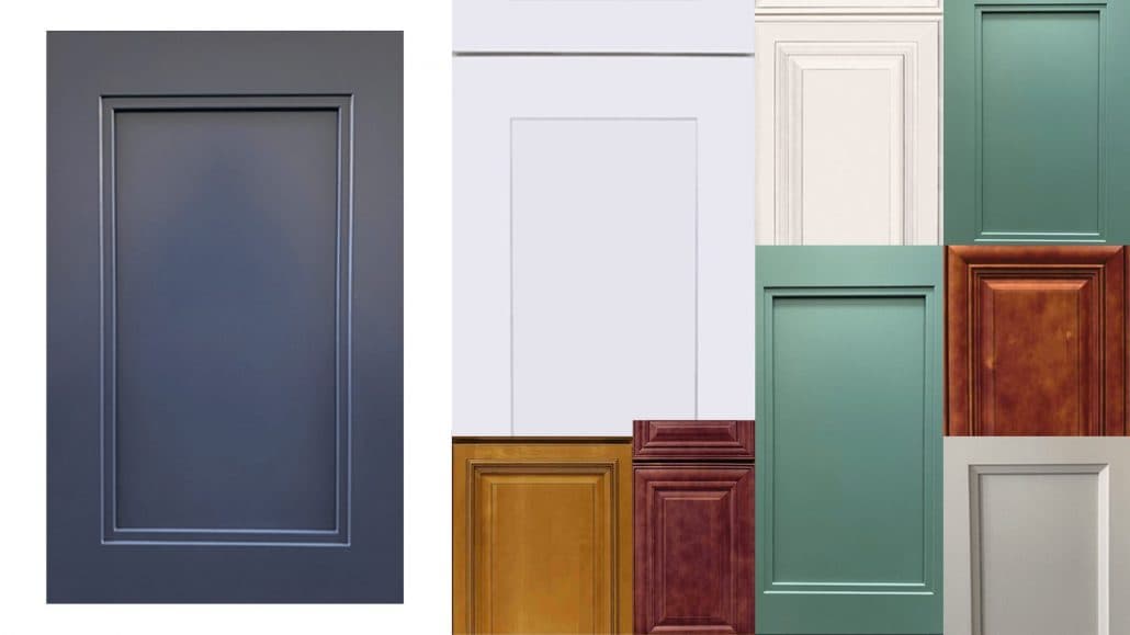 Collage of cabinet door samples in navy, white, green, cherry and honey finishes
