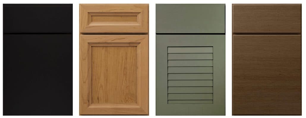 Four cabinet door styles side by side: black, natural wood, green louvered and brown