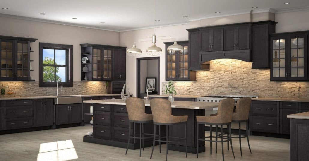Rendered kitchen with dark espresso cabinets, glass-front uppers, stone backsplash and an island with four stools