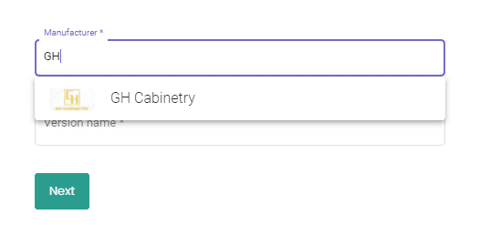 Manufacturer field with GH typed and GH Cabinetry suggested in a dropdown