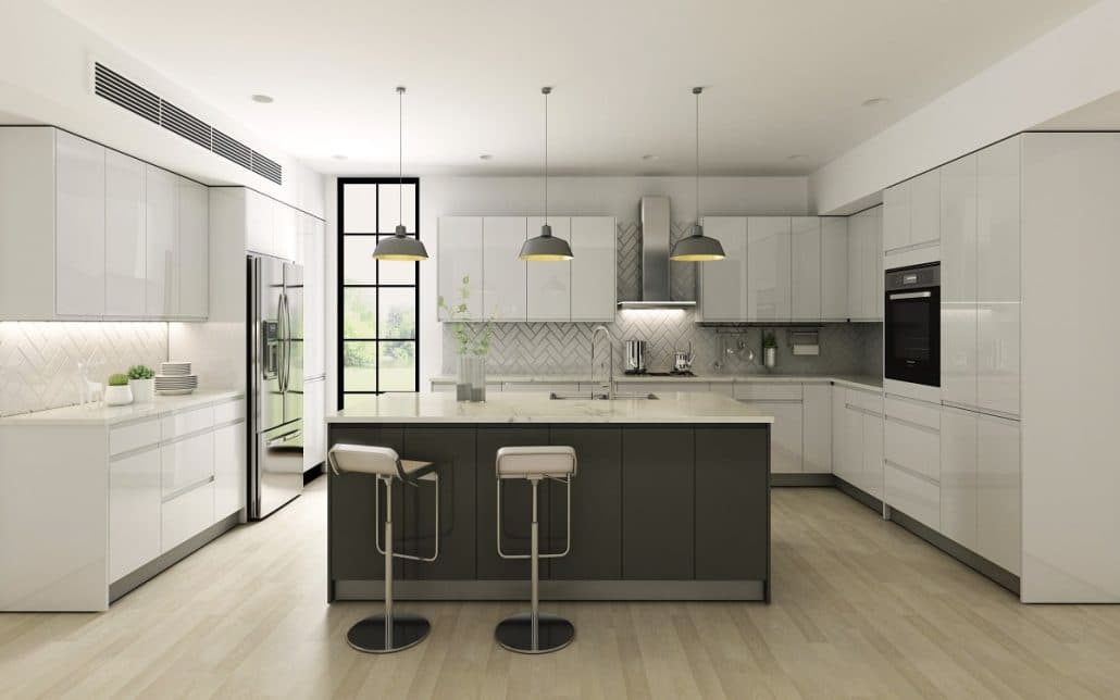 Rendered modern kitchen with glossy white cabinets, a dark island and herringbone backsplash