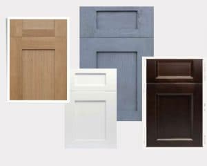 Four cabinet door samples in natural wood, blue-gray, white and dark brown