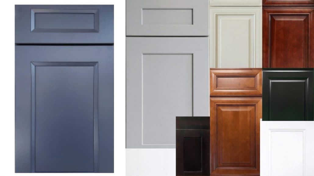 Collage of cabinet door samples in blue, gray, cream, cherry, espresso and white