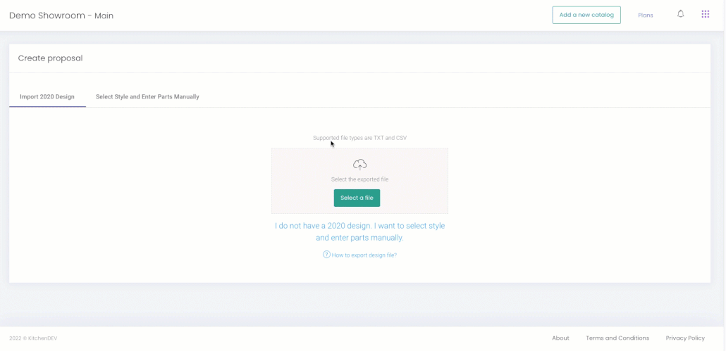 KitchenDEV Create proposal screen with an Import 2020 Design tab and a Select a file upload box
