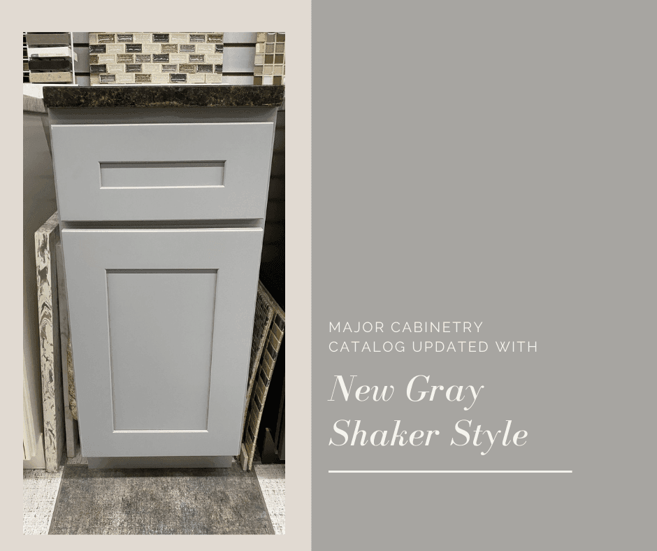 Gray shaker base cabinet on a showroom display, with text: Major Cabinetry catalog updated with New Gray Shaker Style