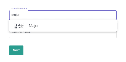 Manufacturer field with Major typed in and a Major Cabinetry suggestion in the dropdown, Next button below