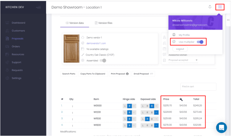 Proposal screen with Use multiplier switched on; the same items now show higher prices, $205.70 to $278.30