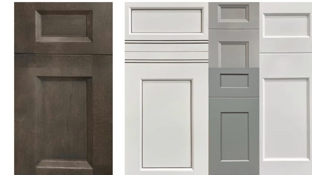 Collage of cabinet door samples in dark brown wood, white, light gray and sage green