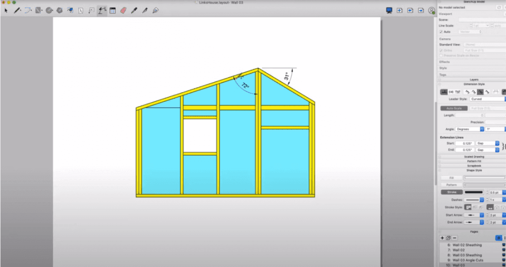 SketchUp Layout screenshot of a framed wall drawing with angle dimensions