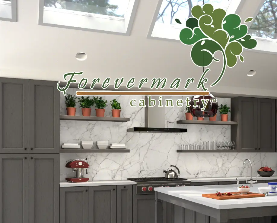 Forevermark Cabinetry logo over a kitchen with gray cabinets, open shelves and marble backsplash