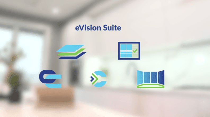 eVision Suite title with five product icons over a blurred kitchen