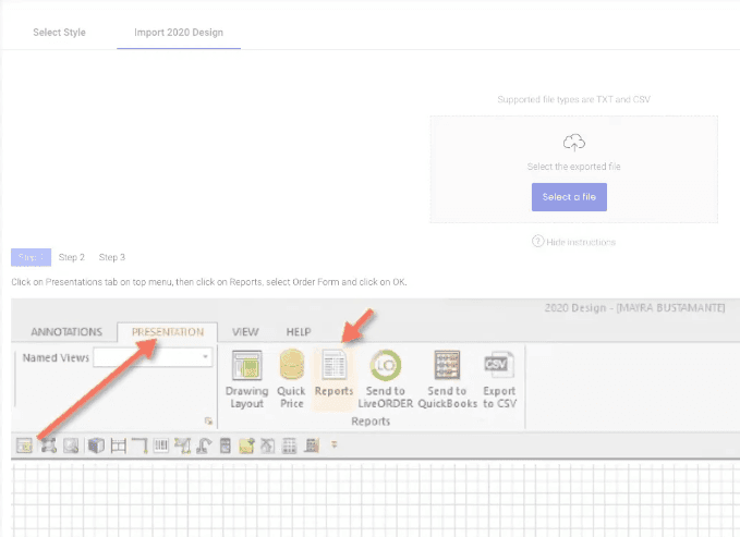 KitchenDEV Import 2020 Design tab with file upload and a 2020 Design screenshot with arrows pointing to Reports