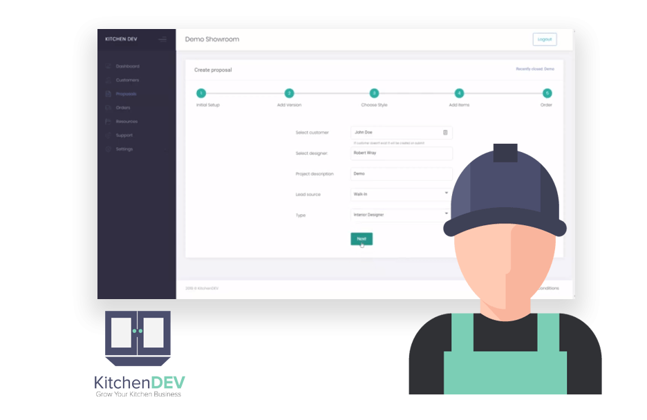 KitchenDEV create proposal form beside a cartoon worker in a hard hat and the KitchenDEV logo