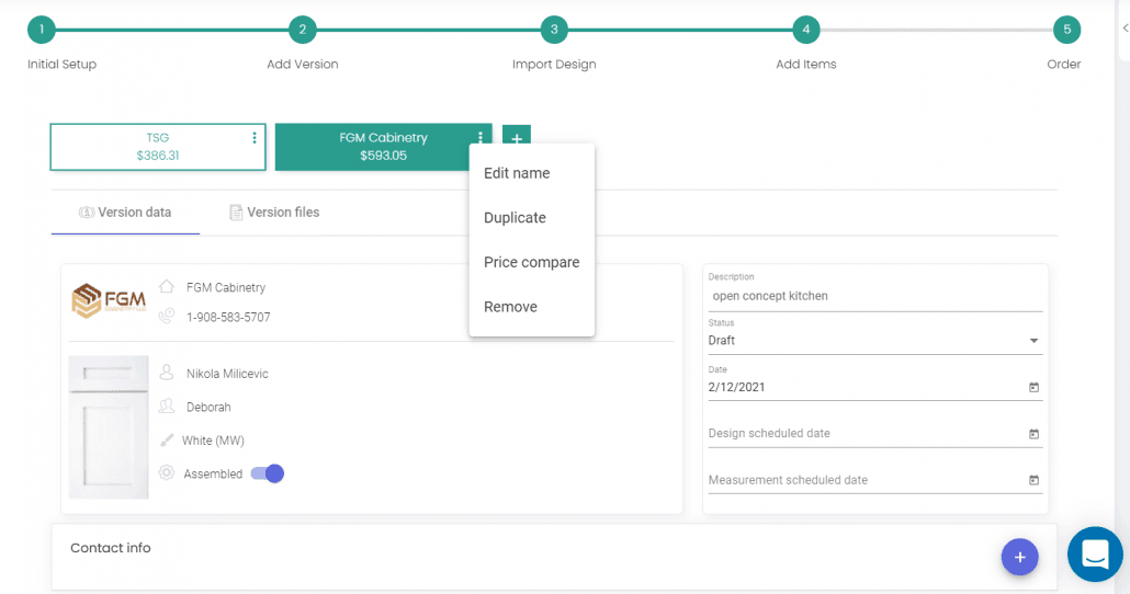 KitchenDEV proposal screen with two price versions, a version menu with Price compare, and a five-step progress bar