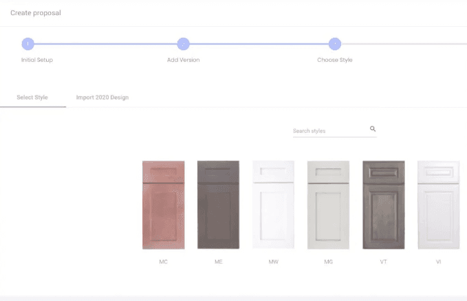 KitchenDEV Create proposal step 3 showing a row of cabinet door styles to choose from