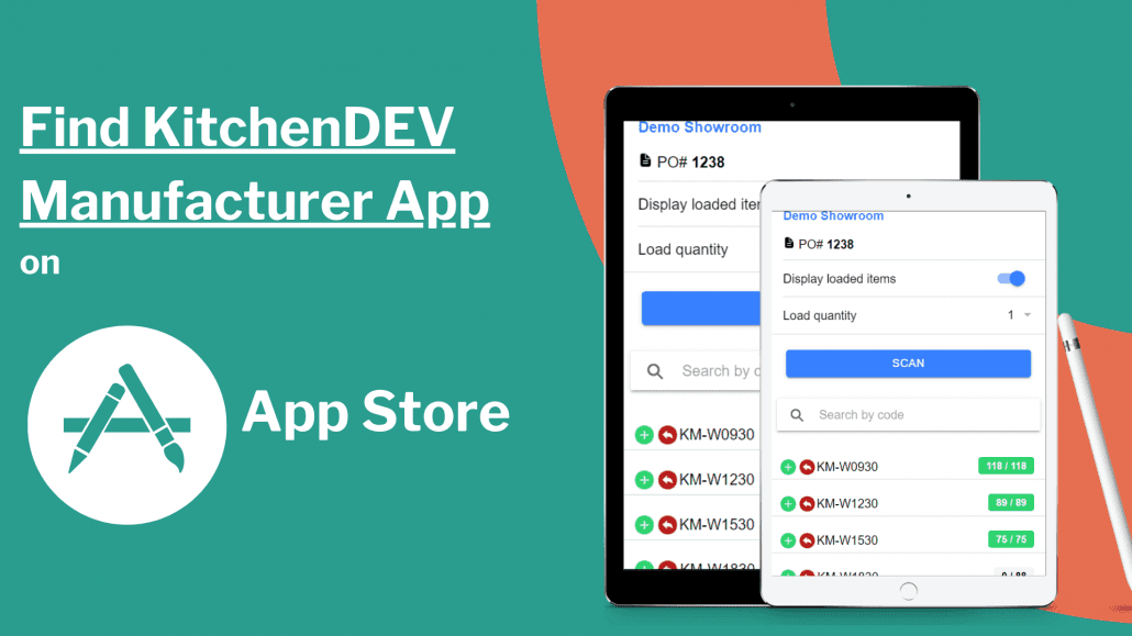 Find KitchenDEV Manufacturer App on the App Store, with tablets showing a PO scan screen and part codes
