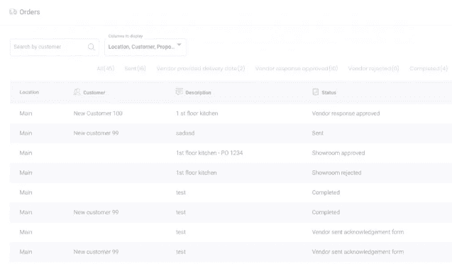 Orders screen in KitchenDEV filtered by status with a table of showroom orders