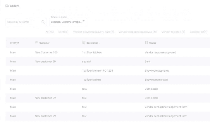 KitchenDEV Orders list with customer, description and status columns such as Sent and Completed