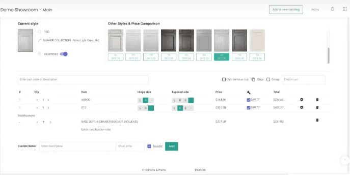 KitchenDEV cart with line items, price comparison across styles, custom items and a cabinets and parts subtotal