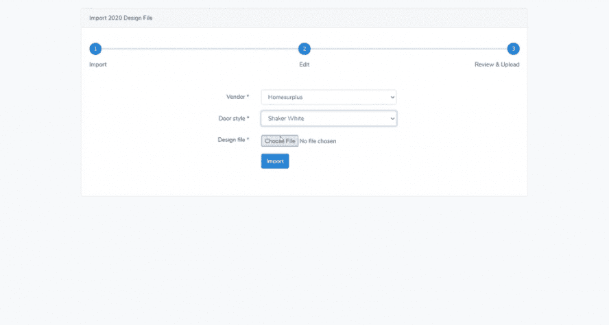 KitchenDEV Import 2020 Design File screen with vendor and door style dropdowns and a file chooser