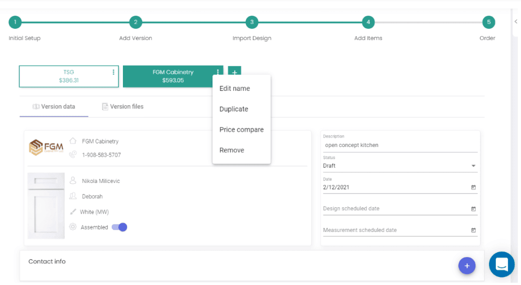 KitchenDEV proposal with two quote versions, a version menu with Price compare, and an open concept kitchen description