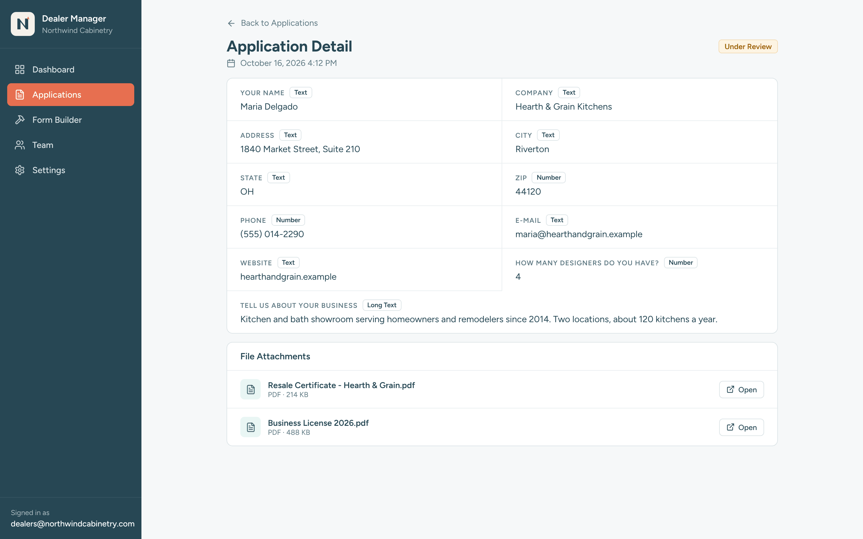 New dealer signups in one place, not your inbox: one applicant's record